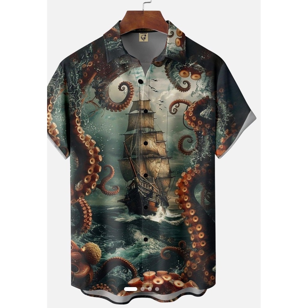Hardaddy Kraken Pirate Ship Shirt Button Down Art You Wear Men's Size XXL Unique